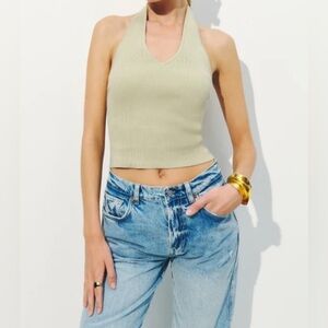 Reformation Light Green Ribbed Halter Tank Top